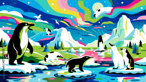 Polar Bears and Penguins in a Vibrant Arctic Ecosystem Illustration
