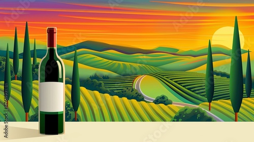Illustration of a wine bottle with an empty label on a table, set against a vibrant Tuscany landscape at sunset
