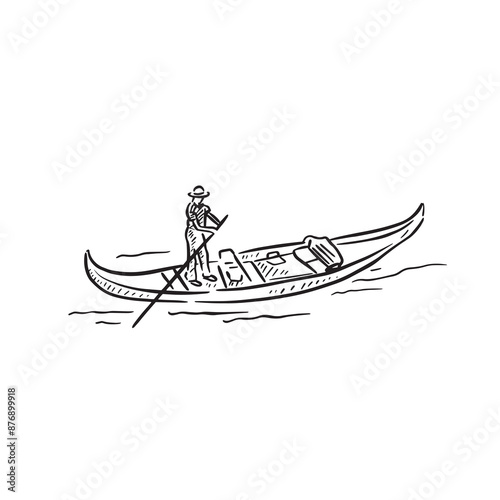 An Italian gondola drawn by hand in a sketch style in black vector. Punting man on the rivers of Venice. Ride on vacation European city.