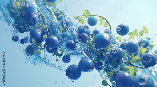 Blueberries fall in motion on a light blue background. Close-up of whole berries falling into motion. AI generative