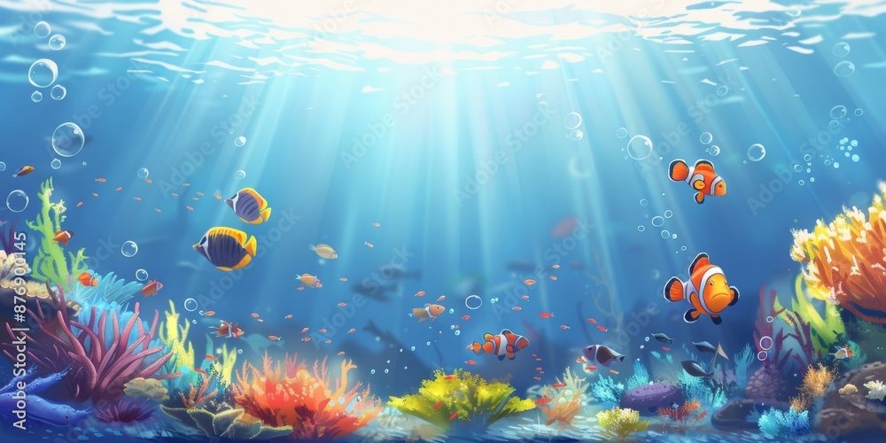 Naklejka premium Enchanted underwater seascape with sunlight rays