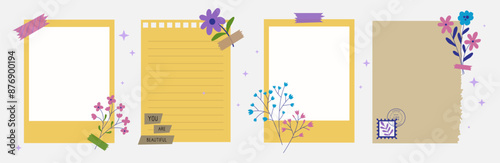 Photo frame with botanical elements and tape in flat style. Card border with bloom flower branch. Blank torn paper note with flora. Collage