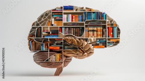 A highly detailed cross-section of the human brain showcasing its internal structure transformed into organized bookshelves with colorful books arranged neatly on the shelves photorealistic white