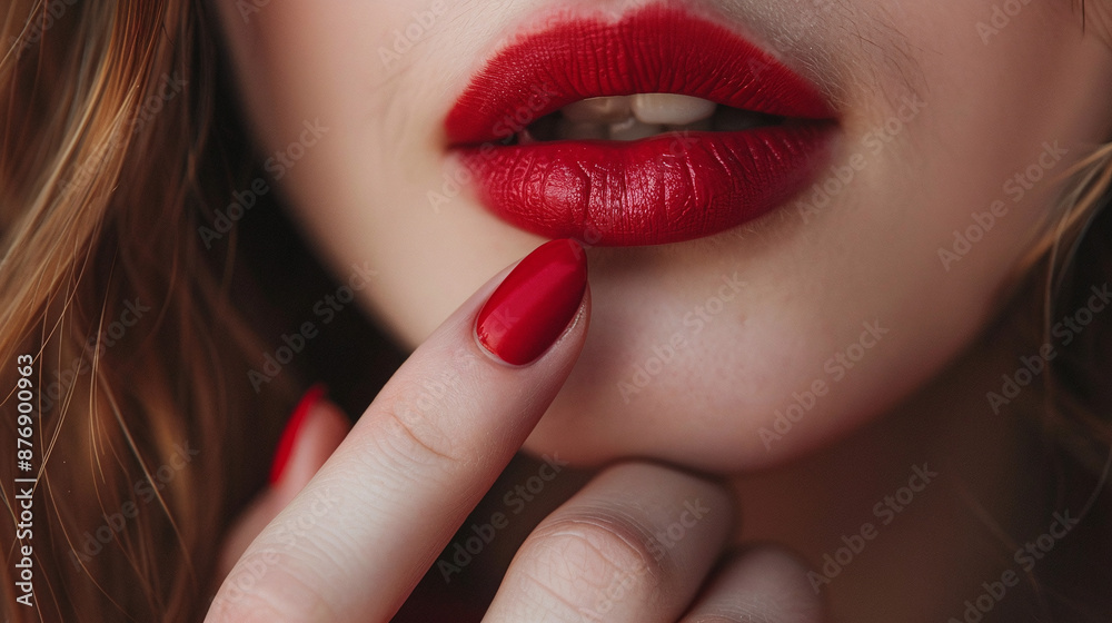 Naklejka premium Young woman with painted lips and red manicure