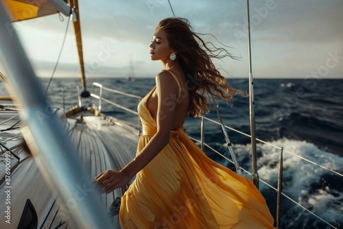 Beautiful woman in yellow dress enjoying sailing. Elegant fashion at sea, advertising banner for perfume and luxury vacation
