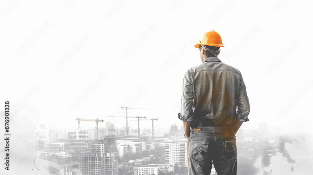 Portrait of a Construction Worker Man with Safety Helmet. A double exposure portrait of a construction worker wearing a safety helmet, merging the profile of the worker with a cityscape background, sy Portrait of a Construction Worker Man with Safety Helmet. A double exposure portrait of a construction worker wearing a safety helmet, merging the profile of the worker with a cityscape background, sy