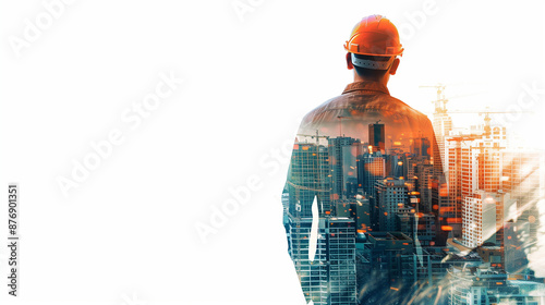 Portrait of a Construction Worker Man with Safety Helmet. A double exposure portrait of a construction worker wearing a safety helmet, merging the profile of the worker with a cityscape background, sy