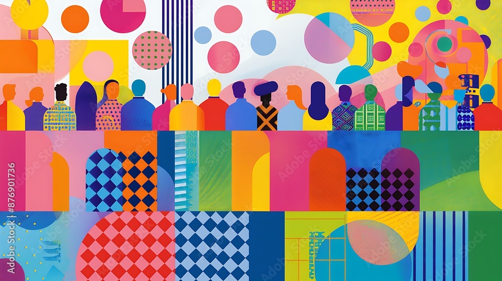 Colorful abstract art with geometric shapes and a crowd of people. Colorful abstract art with geometric shapes and a crowd of people.