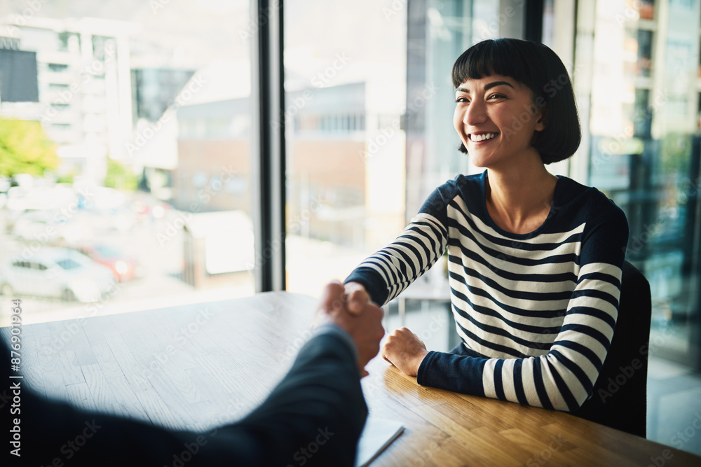 Handshake, partnership and business woman in office for b2b deal, agreement or recruitment. Smile, meeting and Asian female hr manager shaking hands with hiring candidate for job interview greeting. Handshake, partnership and business woman in office for b2b deal, agreement or recruitment. Smile, meeting and Asian female hr manager shaking hands with hiring candidate for job interview greeting.