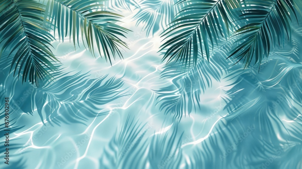 3D rendering of palm leaves shadow on the water surface in a swimming pool with a light blue background 3D rendering of palm leaves shadow on the water surface in a swimming pool with a light blue background