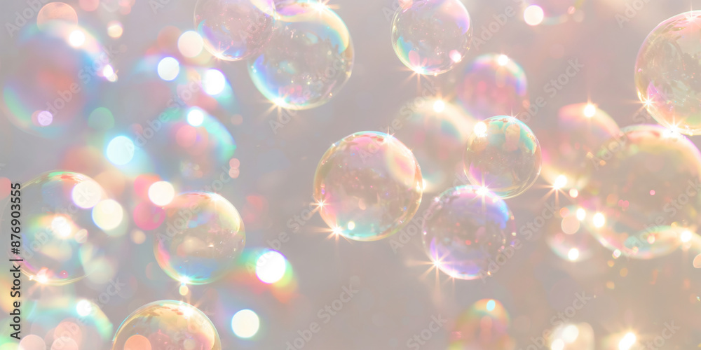 Soap bubbles with rainbow reflections on beige background. Abstract background. Cleaning concept, banner for eco-friendly article or for cleaning service. Soap bubbles with rainbow reflections on beige background. Abstract background. Cleaning concept, banner for eco-friendly article or for cleaning service.