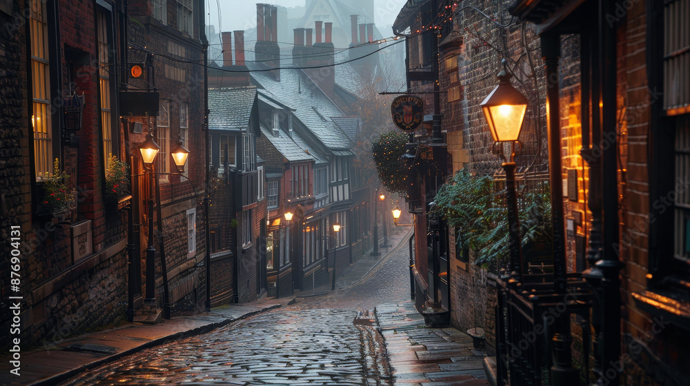 Victorian street scene with gas lamps and cobblestone at dusk Victorian street scene with gas lamps and cobblestone at dusk