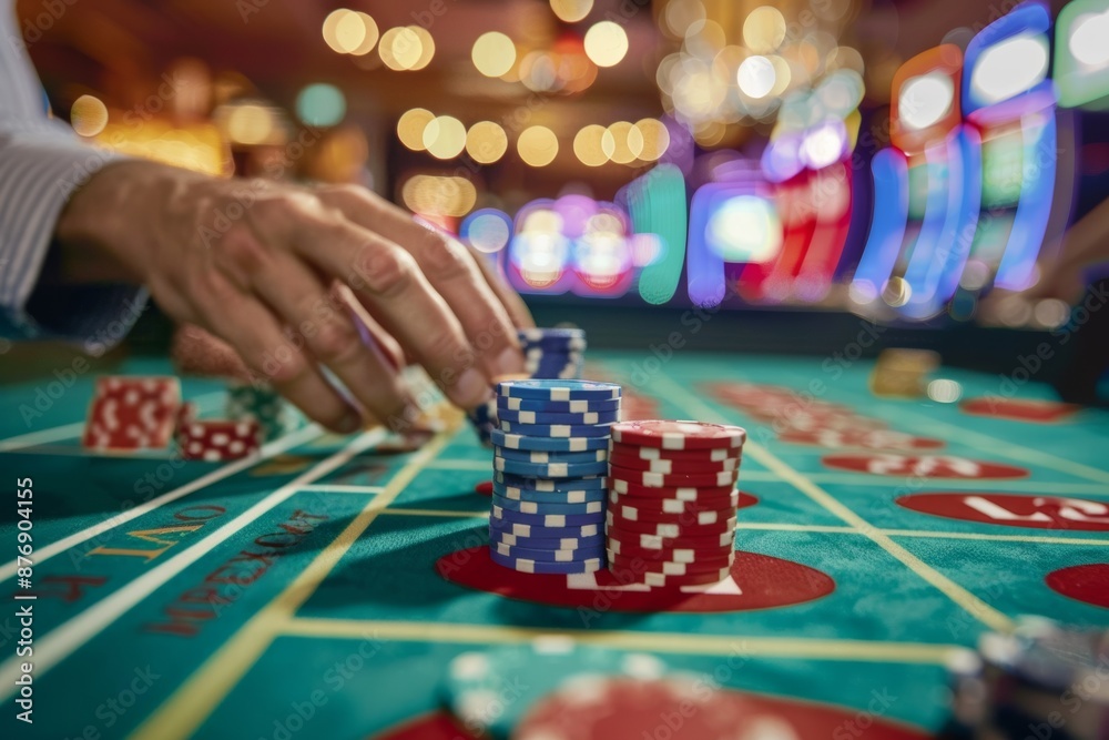 Master of strategy at the casino: Man piles up poker chips Master of strategy at the casino: Man piles up poker chips