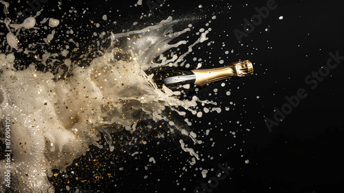 Champagne explosion on black background, celebration theme