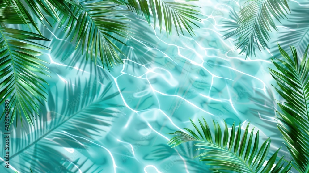 3D rendering of palm leaves shadow on the water surface in a swimming pool with a light blue background 3D rendering of palm leaves shadow on the water surface in a swimming pool with a light blue background