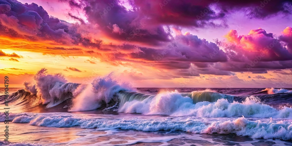 Fototapeta premium Powerful waves crashing under a purple and pink sunset sky , ocean, waves, dramatic, sunset, sky, purple, pink, powerful, nature