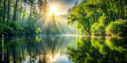 Fototapeta Naklejka Na Ścianę i Meble -  Sunlight streaming through tranquil forest onto reflective water surface, sunlight, beams, forest, calm water