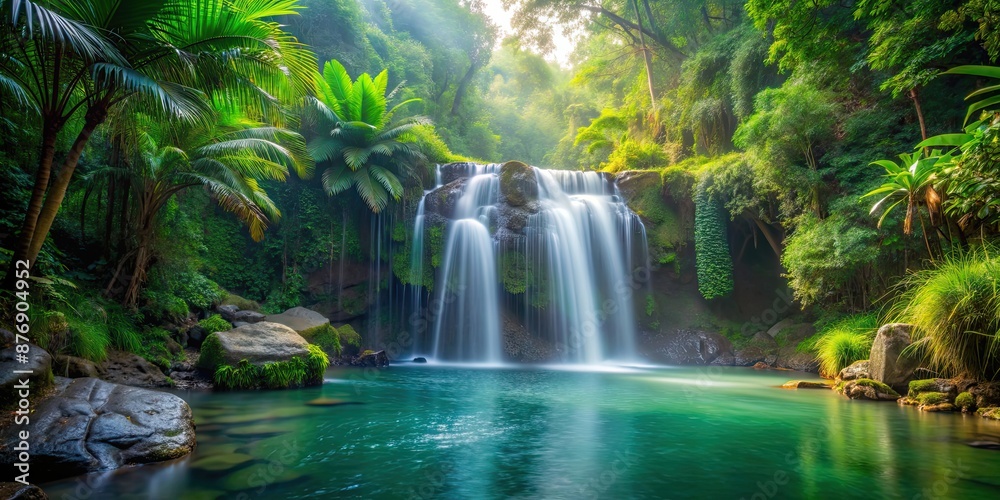 Tranquil waterfall flowing into misty pool surrounded by lush jungle foliage, serene, waterfall, cascading, calm, misty, pool Tranquil waterfall flowing into misty pool surrounded by lush jungle foliage, serene, waterfall, cascading, calm, misty, pool