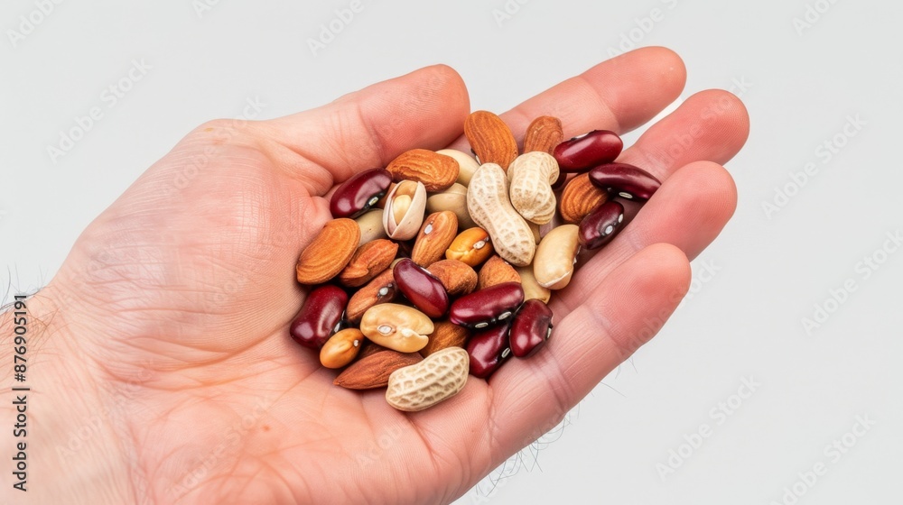 A handful of beans and peanuts in a persons hand A handful of beans and peanuts in a persons hand