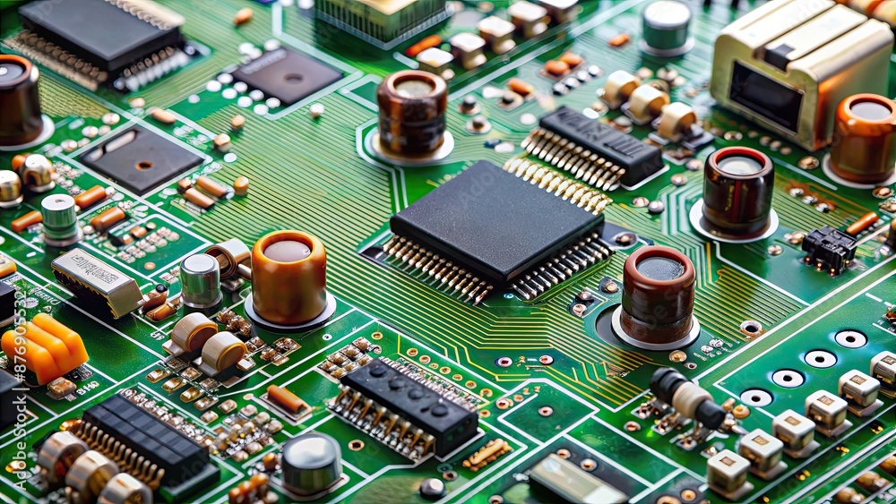 Electronic circuit board with various components such as resistors, capacitors, and microchips, technology Electronic circuit board with various components such as resistors, capacitors, and microchips, technology