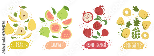 Set of tropical juicy fruits with inscriptions and dots. Guava, Pomegranate, Pear, Pineapple on a white background. For stickers, packaging, logo. Simple vector graphics in flat style.