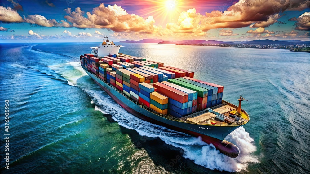 Obraz premium Container ship with a full load of cargo sailing on the vast ocean, cargo ship