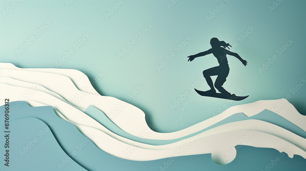 Fototapeta premium Dynamic Paper Cut Surfskater Illustration with Copy Space - Minimalistic Design of Skater Performing Trick on Wave, Surfboard, Surfing Sport Concept