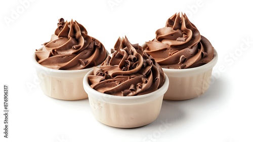 Isolated soft chocolate mousse on white background, creamy, rich, single serving, dessert, decadent.