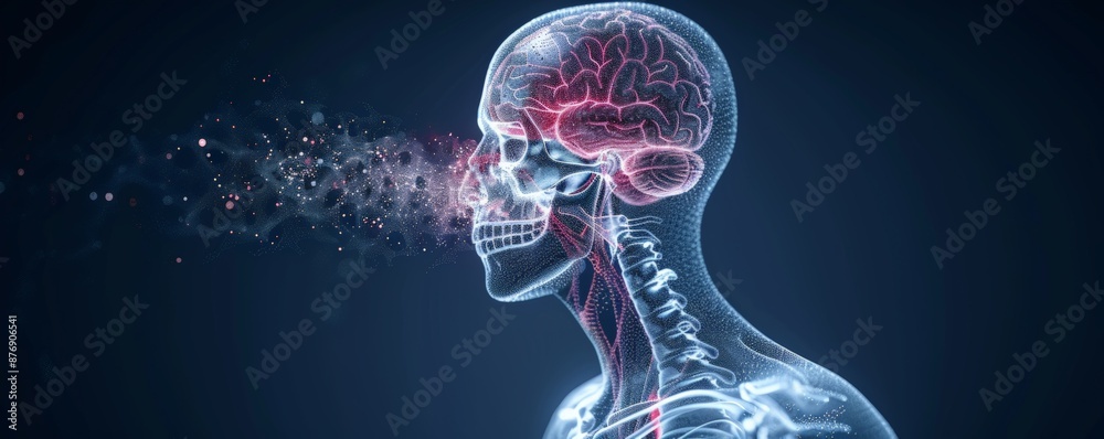 Digital rendering of a human skull with highlighted brain and neural ...