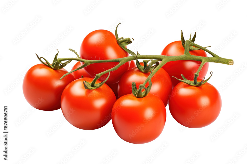 A Cluster of Ripe Tomatoes Freshly Picked From The Vine. on a White or Clear Surface PNG Transparent Background. A Cluster of Ripe Tomatoes Freshly Picked From The Vine. on a White or Clear Surface PNG Transparent Background.