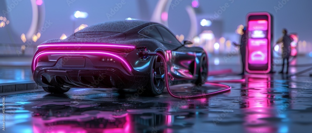 Futuristic electric car charging at a neon-lit station during the night, reflecting vibrant lights on the wet surface. Futuristic electric car charging at a neon-lit station during the night, reflecting vibrant lights on the wet surface.
