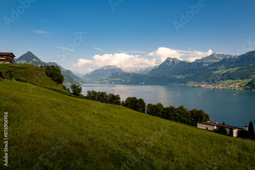 Mountain village. Nature landscape. Nature location in swiss. Switzerland Alps. Mountains near the Lake in Switzerland. Summer landscape with clear mountain lake in the Alps. Location Swiss alps.