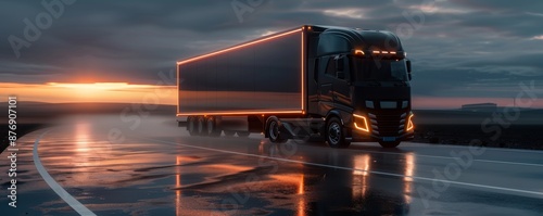 Modern semi-truck driving on a wet road at sunset, reflecting warm lights and showcasing transportation technology and logistics. photo