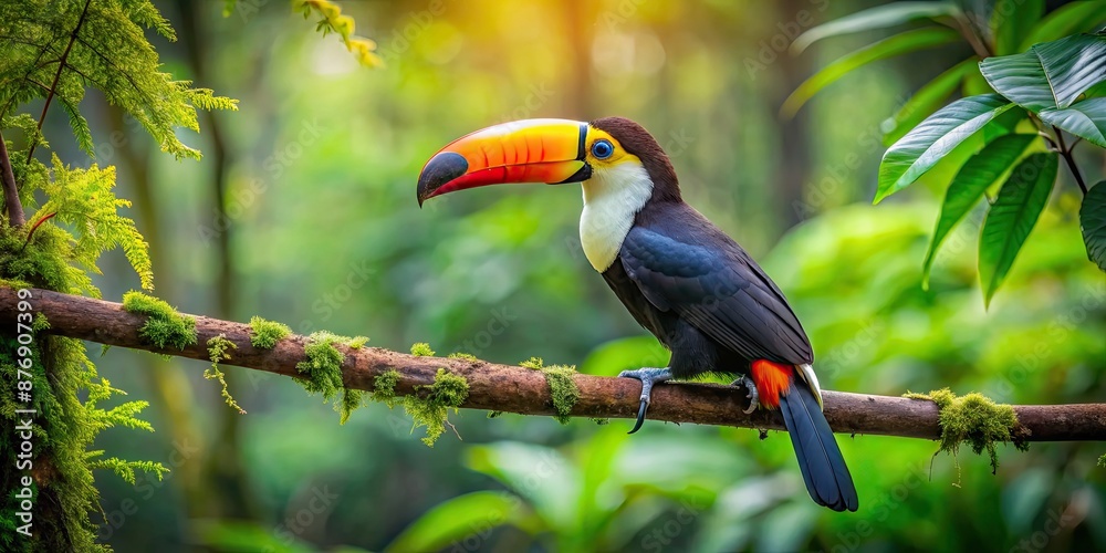 Obraz premium Toucan resting on a branch in the lush Costa Rican forest, surrounded by green vegetation , Wildlife, bird, tropical