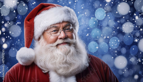 Cheerful chubby santa in glasses with blue bokeh background