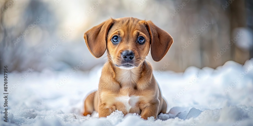 Playful brown puppy with big eyes sitting on snowy ground, puppy, dog, pet, cute, brown, eyes, playful, snow, winter, cold Playful brown puppy with big eyes sitting on snowy ground, puppy, dog, pet, cute, brown, eyes, playful, snow, winter, cold