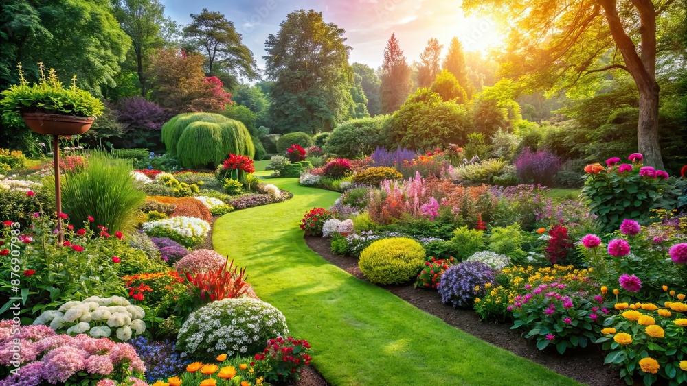 Obraz premium Beautiful garden with blooming flowers and lush greenery, spring, summer, garden, flowers, blooming, nature, sunny, outdoors