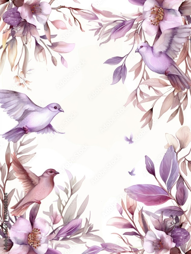 Fototapeta premium A serene and elegant memorial invitation card design with a frame illustration decorated with watercolor flowers and doves on a pristine white background.
