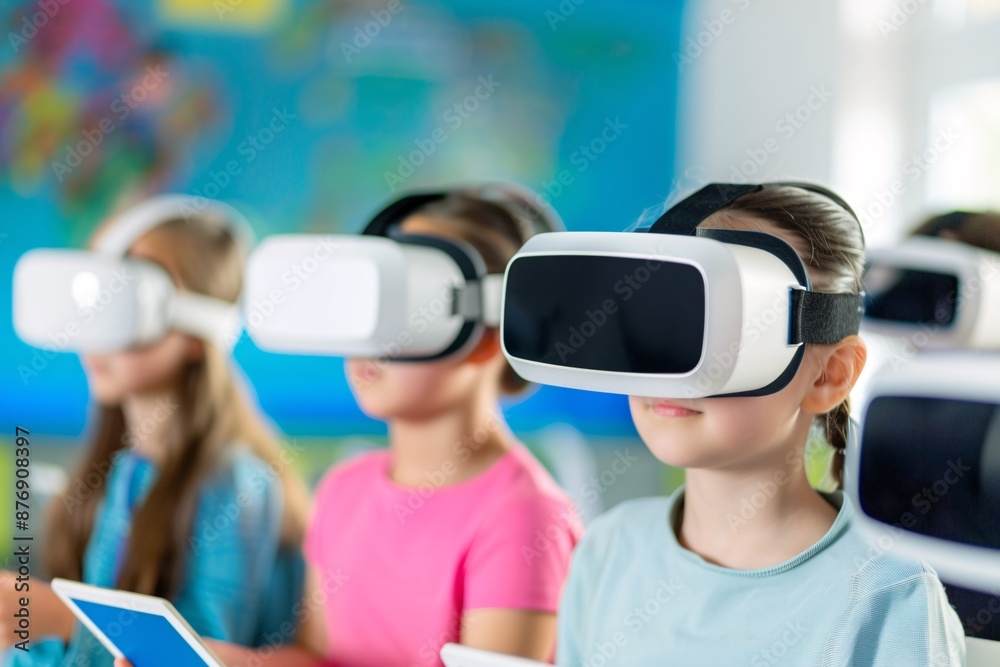 Magazine Photography style, vibrant and colorful classroom, students using VR headsets and tablets, teacher guiding them, modern educational technology, collaboration and teamwork, preparing for Magazine Photography style, vibrant and colorful classroom, students using VR headsets and tablets, teacher guiding them, modern educational technology, collaboration and teamwork, preparing for