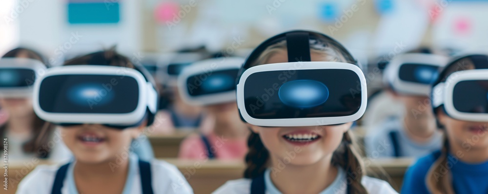 Editorial Photography style, close-up shot of students with VR headsets, expressions of awe and excitement, futuristic classroom setting, blending traditional and digital learning tools, Editorial Photography style, close-up shot of students with VR headsets, expressions of awe and excitement, futuristic classroom setting, blending traditional and digital learning tools,