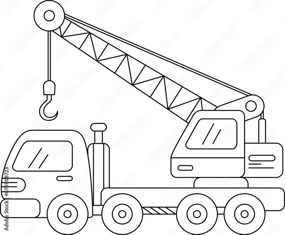 Crane, transportation, vehicle, outline coloring page for kids