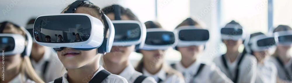 Editorial Photography style, group of students using VR headsets in a classroom, focused and engaged in a collaborative project, modern educational tools, innovative learning environment, capturing Editorial Photography style, group of students using VR headsets in a classroom, focused and engaged in a collaborative project, modern educational tools, innovative learning environment, capturing