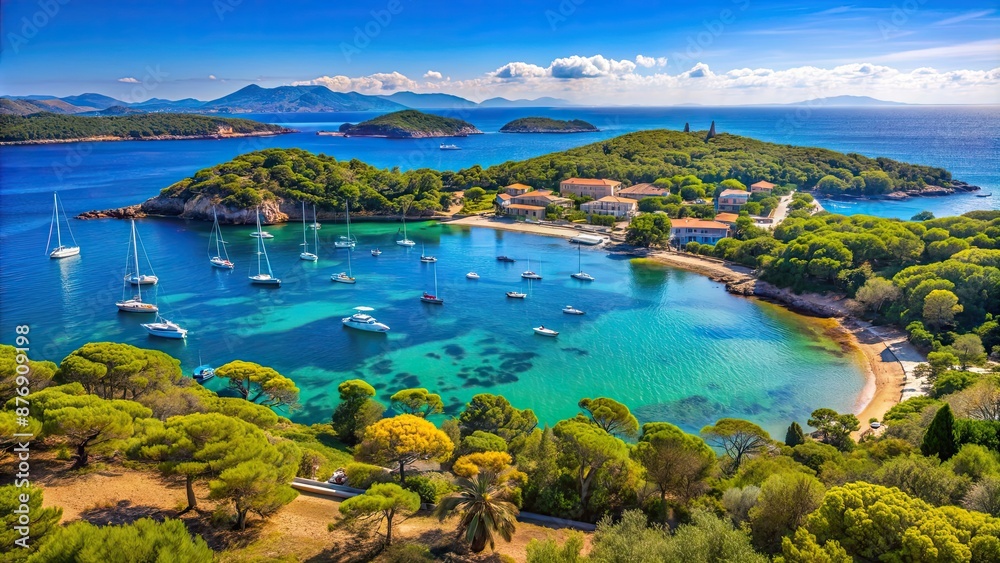 Obraz premium Beautiful view of Ile de Porquerolles in France, beach, island, France, Mediterranean, travel, destination