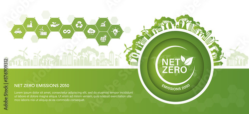 Net zero greenhouse gas emissions target concept. Climate neutral long term strategy. green vector illustration background.