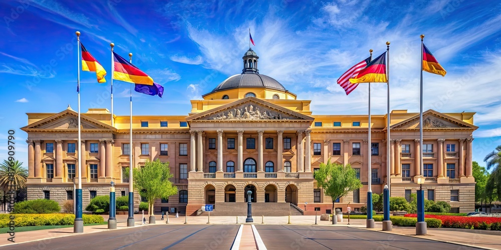 Naklejka premium Capitol building in Phoenix with colorful flags flying , Arizona, Phoenix, Capitol, building, flags, state