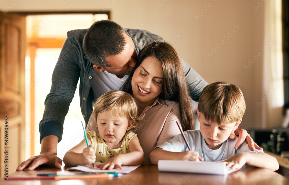 Family, growth and homework with children, drawing and notepad with proud parents for learning. Kids, home school or study with siblings, mother and father in kitchen for development or teaching Family, growth and homework with children, drawing and notepad with proud parents for learning. Kids, home school or study with siblings, mother and father in kitchen for development or teaching