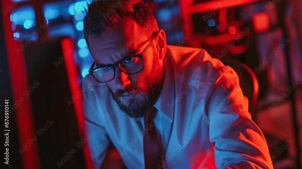 Highly detailed image of a professional in office attire, with a concerned expression while troubleshooting a computer issue under a red alert Highly detailed image of a professional in office attire, with a concerned expression while troubleshooting a computer issue under a red alert