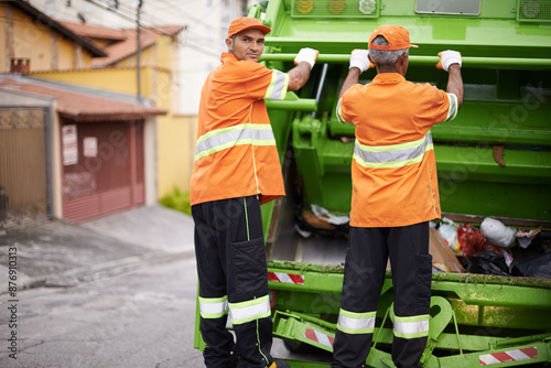 Картината върху платно Teamwork, rubbish and garbage truck for waste removal, by sanitation workers for trash collection
