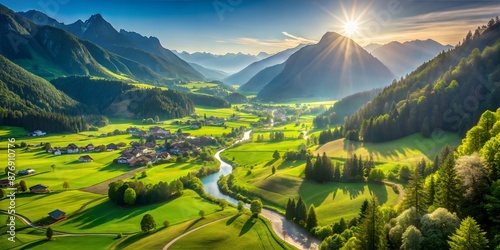 A picturesque mountain valley with a winding river, sunlit fields, and a charming village, showcasing the serene beauty of nature.
