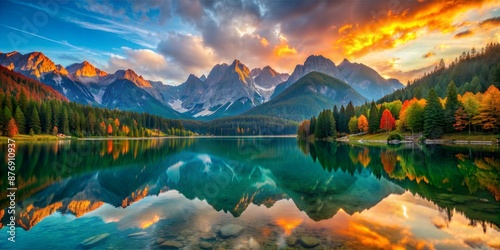 A breathtaking view of an autumn mountain lake with colorful foliage, perfectly reflecting the vibrant sunset sky and surrounding peaks.
